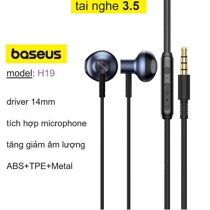 Tai Nghe Nhét Tai Baseus H19 Âm Thanh Nổi 6D chân 3.5 có Mic Cho Điện Thoại Xiaomi Samsung Oppo Vivo