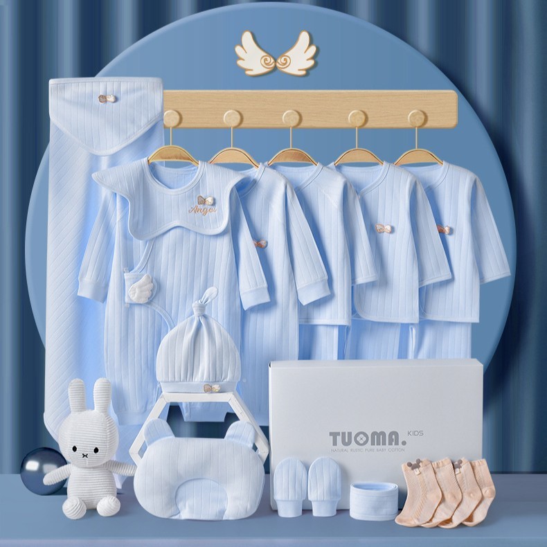 Set Đồ Sơ Sinh Bé Trai Bé Gái, Quà Tặng Đầy Tháng Quà Tặng Mẹ Bầu Cao Cấp Hình Thiên Thần Xanh [60X]