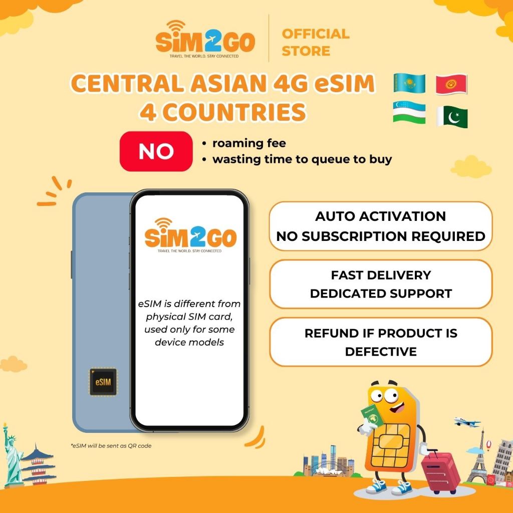4G eSIM for Central Asia (4 countries) - Multi plans (7 - 30 days) - SIM2GO