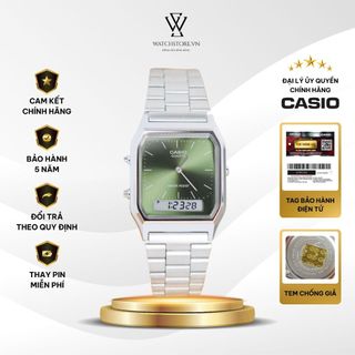 Đồng Hồ Unisex Casio AQ-230A-3AMQYDF Màu Xanh Lá Mặt Kính Nhựa 38.8mm Chống Nước Dây Kim Loại Chính Hãng - WATCHSTORE