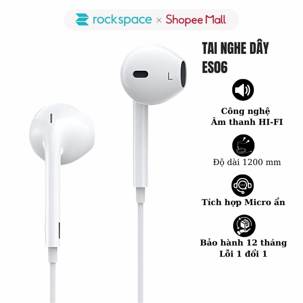 Tai nghe có dây ROCKSPACE ES06 jack cắm có mic kết nối bluetooth hàng chính hãng  bảo hành 12 tháng