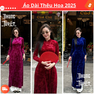  Áo Dài Thêu Họa Tiết Vải Nhung Tuyết Cao Cấp Mềm Mịn Truyền Thống Cổ trụ 