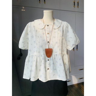 Sơ mi nữ - Áo babydoll xếp ly cổ sen chất linen hoạ tiết hoa dịu dàng