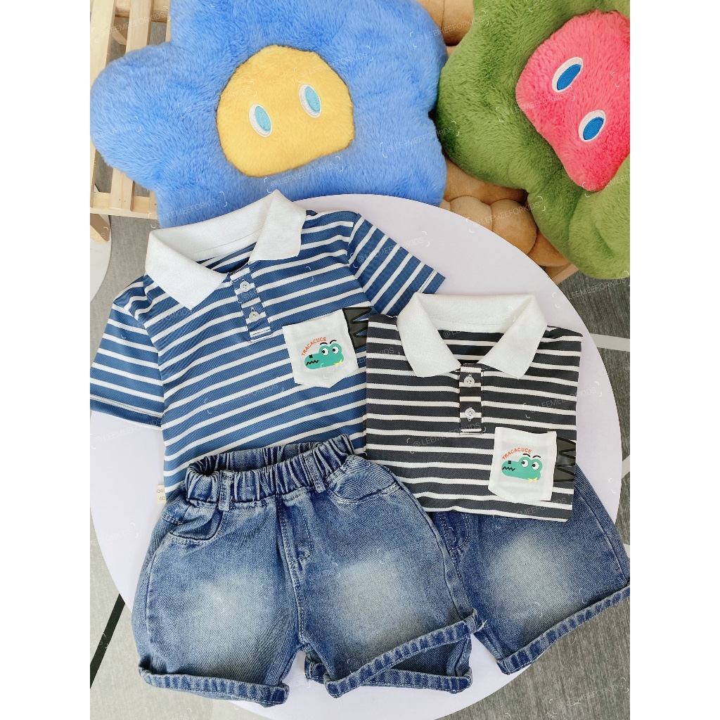 Đồ bộ bé trai, đồ bé trai, bộ bé trai, bộ polo bé trai kẻ ngang có túi kèm quần jean bé trai