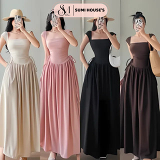 Đầm body hai dây bảng to rút eo hông dáng xoè công chúa - thun gân lạnh