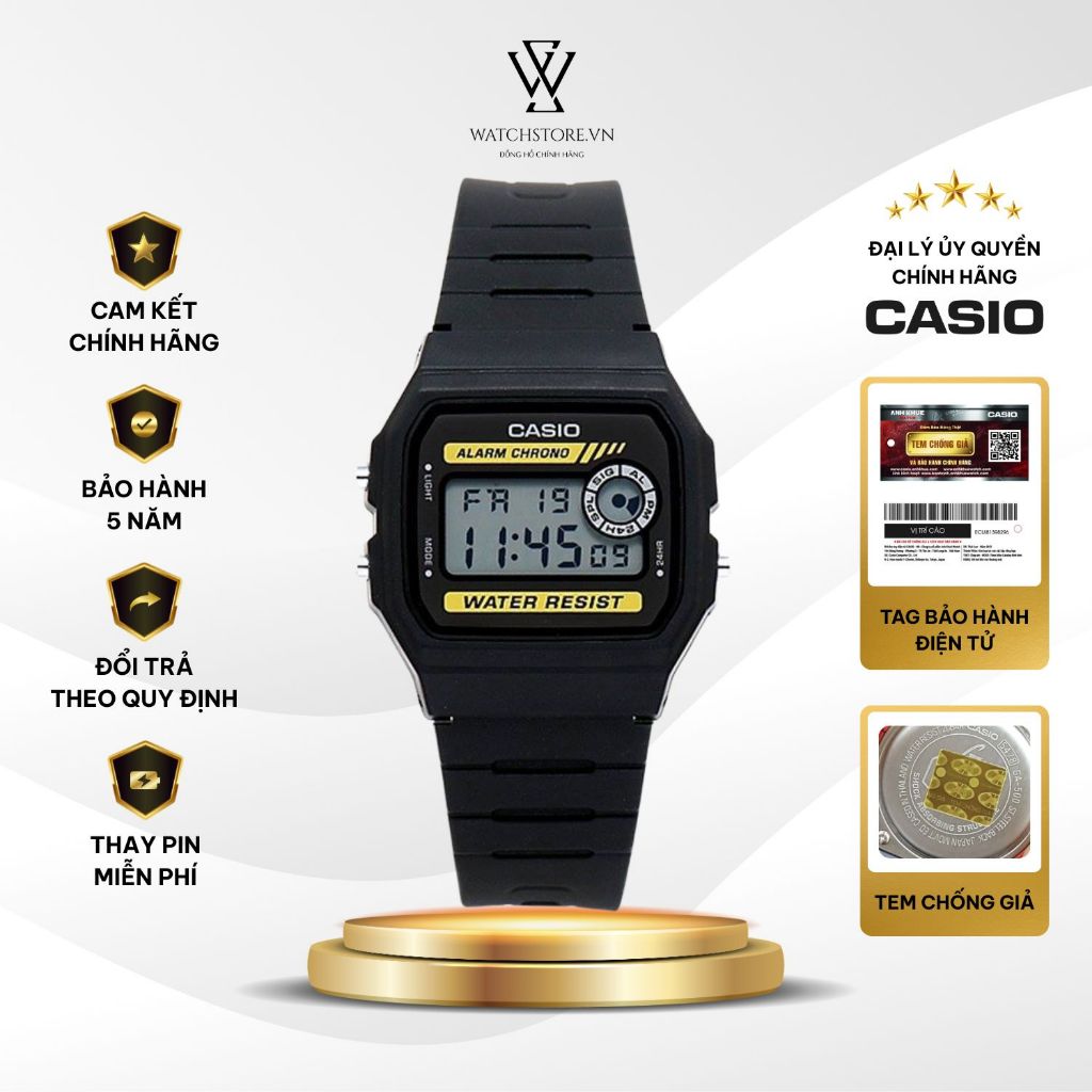 Đồng Hồ Điện Tử Unisex Casio F-94WA Mặt Kính Nhựa Vuông 33.2mm Chống Nước Dây Nhựa Chính Hãng