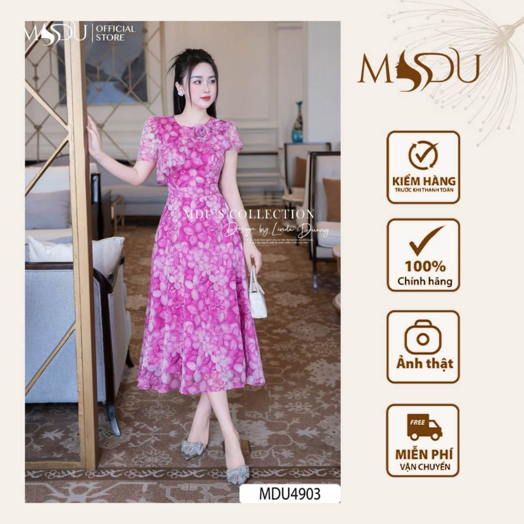 Váy Tơ Xước MDU4903 Dáng Váy Xòe Dài Kết Hợp Cùng Chi Tiết In 3D Nổi Bật Từ MDU