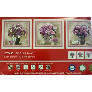 Tranh thêu chữ thập bộ 03 bình hoa trang trí - chưa thêu