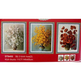 Tranh thêu chữ thập bộ 03 bình hoa trang trí - chưa thêu