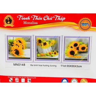 Tranh thêu chữ thập bộ 03 bình hoa trang trí - chưa thêu