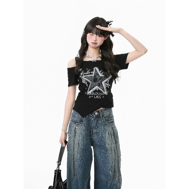 Áo kiểu y2k in ngôi sao in chữ khoét vai vạt xéo cách điệu cá tính | BigBuy360 - bigbuy360.vn