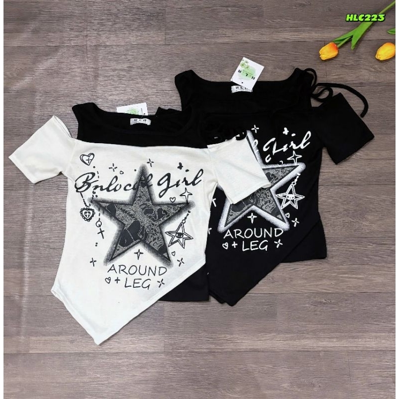 Áo kiểu y2k in ngôi sao in chữ khoét vai vạt xéo cách điệu cá tính | BigBuy360 - bigbuy360.vn