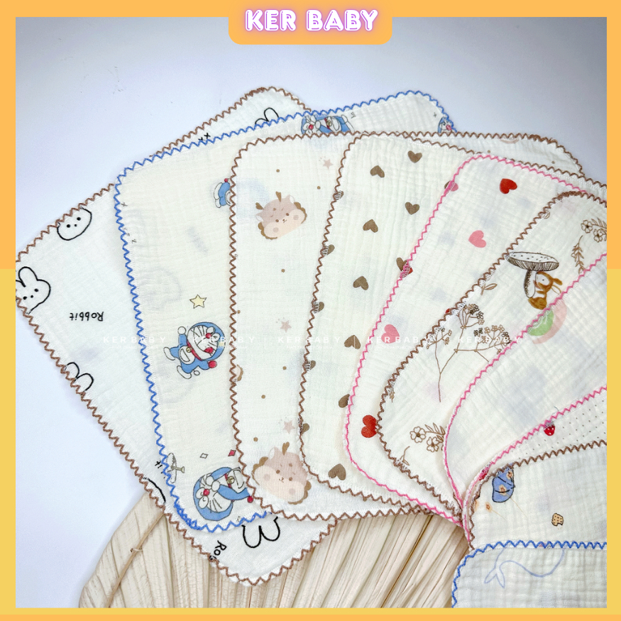 Set 5-10 Khăn Sữa Chạy Bo Viền Chất Vải Xô Muslin 2 Lớp Thấm Hút Cực Tốt Mềm Mịn An Toàn Cho Da Em Bé KerBaby