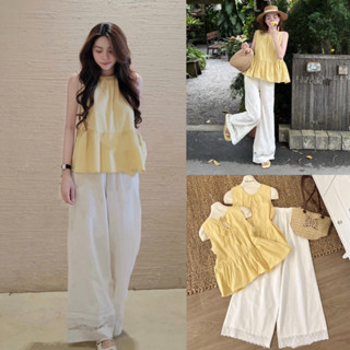 (Hàng L1 có sẵn) Sét đồ nữ áo sát nách dáng babydoll buộc dây kèm quần xô mềm ống suông mix ren điệu đà phù hợp mùa hè