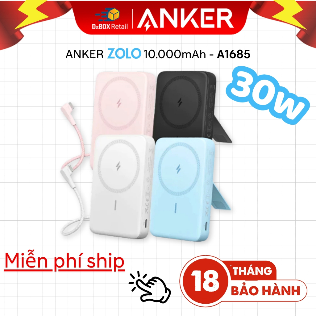 Pin Sạc Dự Phòng Hít từ tính ANKER Zolo 10000mAh 1 cổng USB-C (tích hợp sẵn cáp) Sạc không dây Qi, T