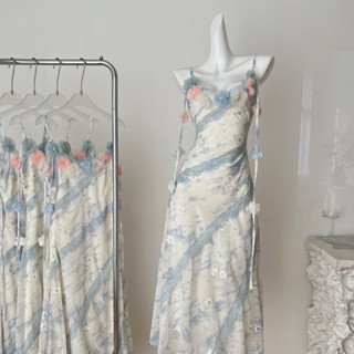 Váy GDCARRY  hai dây liền thân dáng dài phối hoa xinh xỉu - Váy hai dây cổ hoa chân váy chữ A dài Maxi