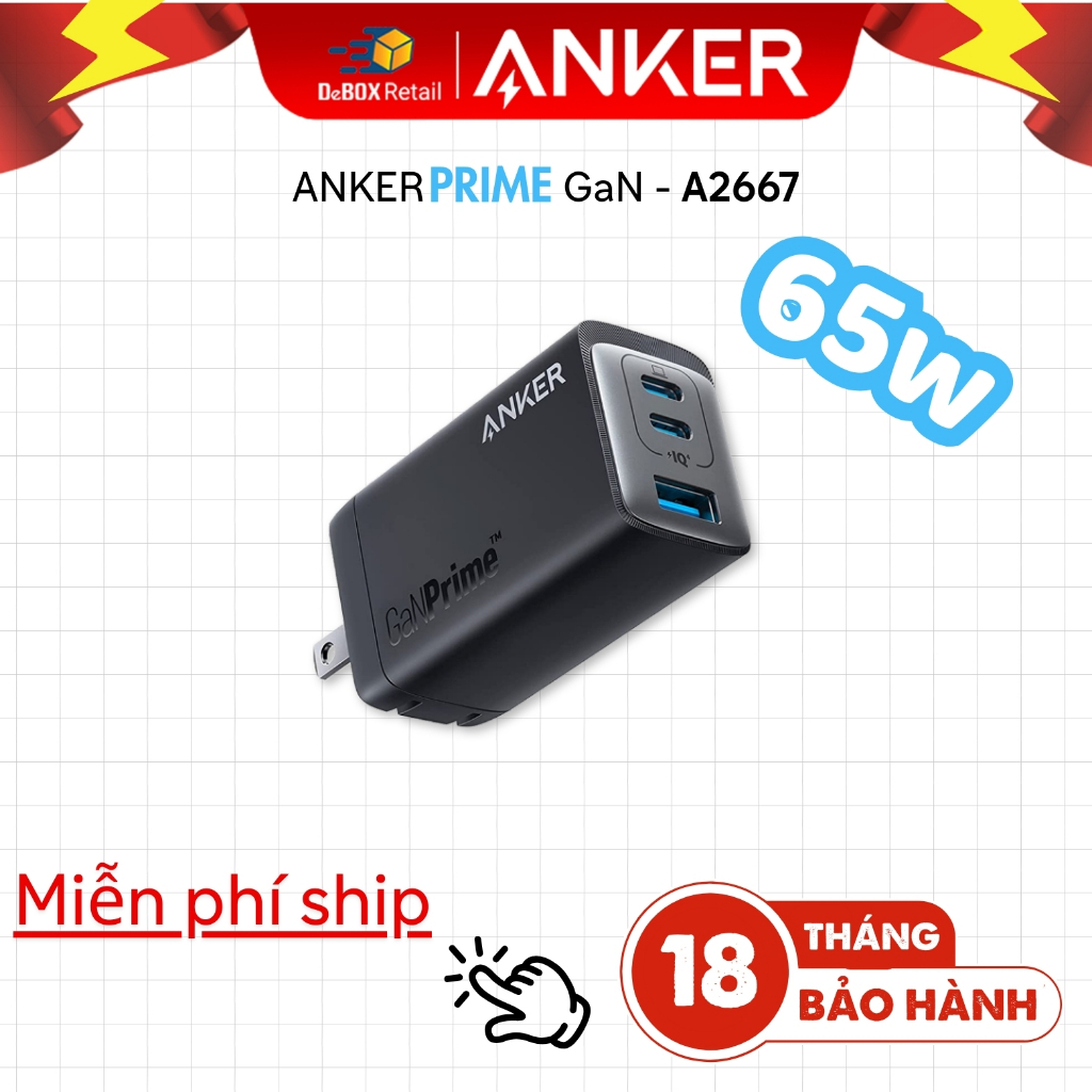 Củ Sạc Nhanh ANKER 735 Nano II GaN Prime 65W 3 cổng 2 USB-C & 1 USB-A - A2667 chính hãng