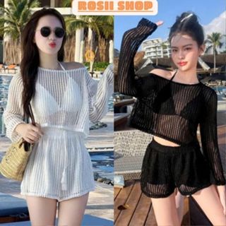 Set bộ đùi 3 món- Áo bra có mút ngực phối áo khoác ngoài ren lưới tay dài hở eo kiểu dáng sexy quyến rũ RS94