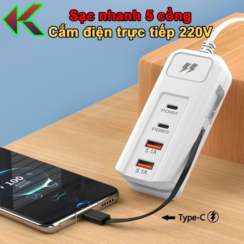 Ổ Sạc 5 Cổng USB Type C, Ổ Cắm Sạc Điện Thoại Sạc cùng lúc nhiều thiết bị - An Toàn, Tiện Dụng
