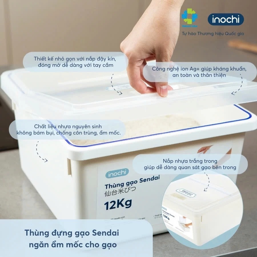 Thùng Đựng Gạo -thông minh Cao Cấp INOCHI 12 KG Nắp Nhựa Kín Kháng Khuẩn Chống Ẩm HKM VNM