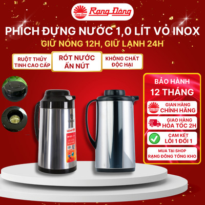 Phích đựng nước nóng 1 lít Rạng Đông, vỏ INOX sáng bóng, nút ấn rót nước