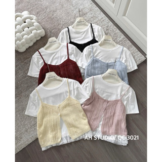 (Hàng QC L1) Set áo thun viền ren gấu mix gile len 2 dây cổ tim dáng vừa phong cách ulzzang Hàn Quốc