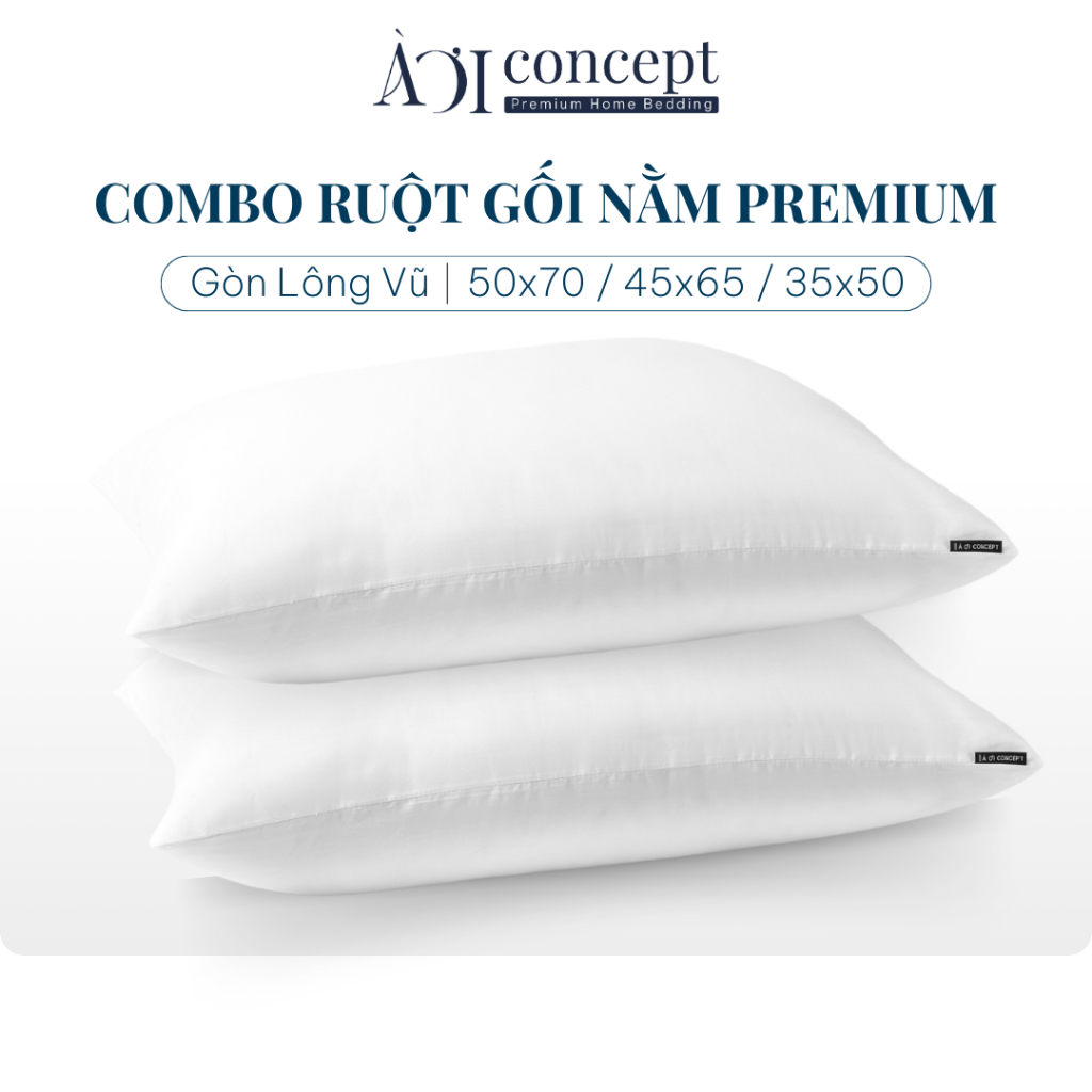 Combo 2 Ruột Gối Nằm Gòn Lông Vũ Premium AOICONCEPT Size 50x70cm Chuẩn khách Sạn Hỗ Trợ Vai Gáy
