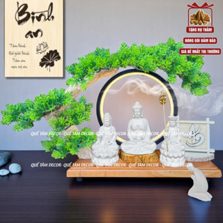 Tiểu cảnh tượng phật bên gốc bonsai có tăng sư bái phật trang trí bàn trà hoặc góc chép kinh tu tập - Quế Tâm Decor