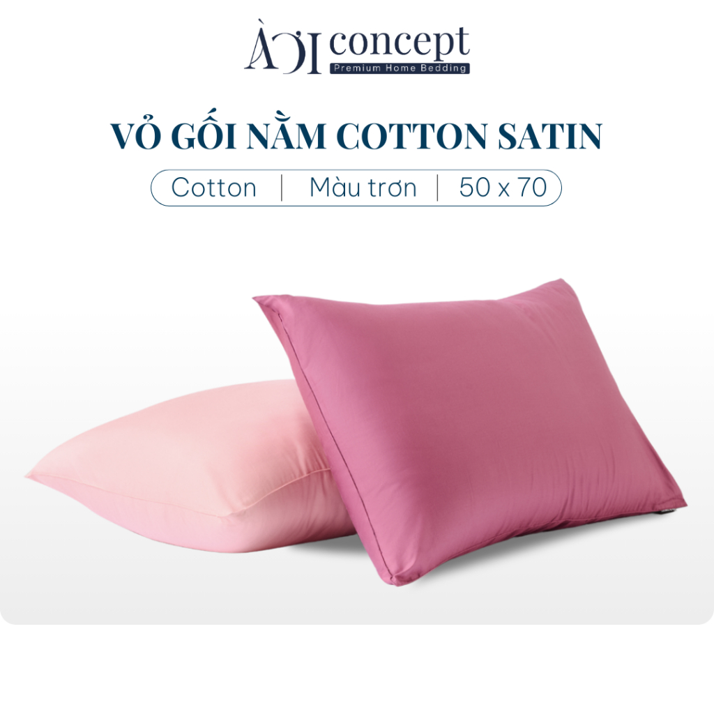 Vỏ Gối Nằm Cotton Satin Hàn Quốc Cao Cấp AOICONCEPT Màu Trơn Size 50x70 cm Sản Xuất Tại Việt Nam