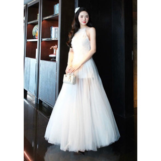 VÁY CỔ YẾM REN PHỐI LƯỚI DÁNG XÒE DÀI DỰ TIỆC