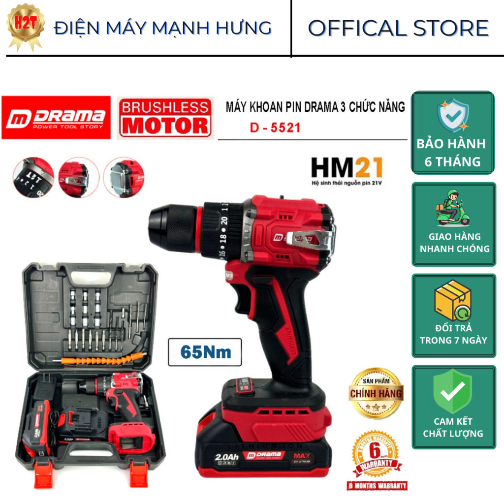 Máy Khoan Pin Drama 5521 21V Máy Khoan 3 Chức Năng Động Cơ Không Chổi Than Đầu 10mm - Mạnh Hưng