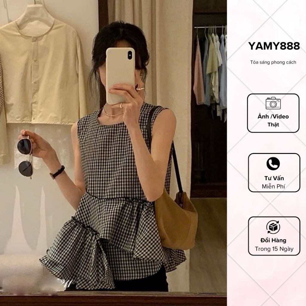 Áo Sát Nách Babydoll Cách Điệu Vạt Ly Xòe Kẻ Caro Phong Cách Hàn MF211 - Yamy888