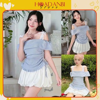 Sét Váy Nữ Dễ Thương, Set Áo Trễ Vai Màu Xanh Ngọc mix Chân Váy Bí Phồng Hoadanbistore