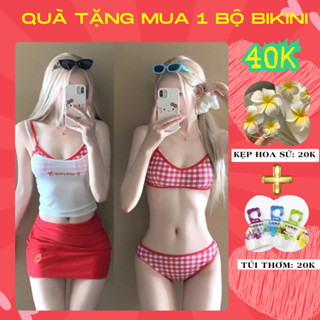 Bộ đồ bơi kín đáo 4 món bộ bikini 2 mảnh áo bra mút quần tam giác áo thun 2 dây kèm chân váy đi biển SET 4 ĐỎ TRẮNG B1