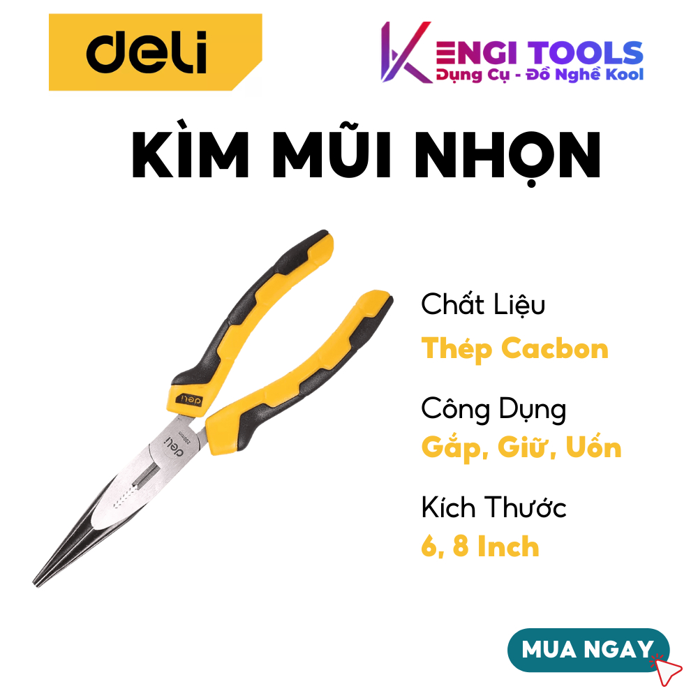 [Hàng Chính Hãng] Kìm Mũi Nhọn Deli EDL2106, EDL2108 - Thép Cacbon Chắc Chắn, Tay Cầm Thoải Mái