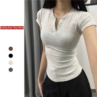Áo thun cổ trụ tàu ôm body cotton áo kiểu nữ cổ tàu V from ôm siêu tôn dáng ma555