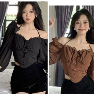  Áo kiểu Hàn Quốc Croptop tay dài vải voan mềm dáng tiểu thư sang chảnh 10ca 