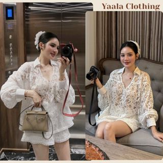  Set đồ nữ ren hoa cổ V bẻ tay dài phồng mix chân váy xoè cạp chun đồ bộ nữ tiểu thư sang chảnh HCOM26009 