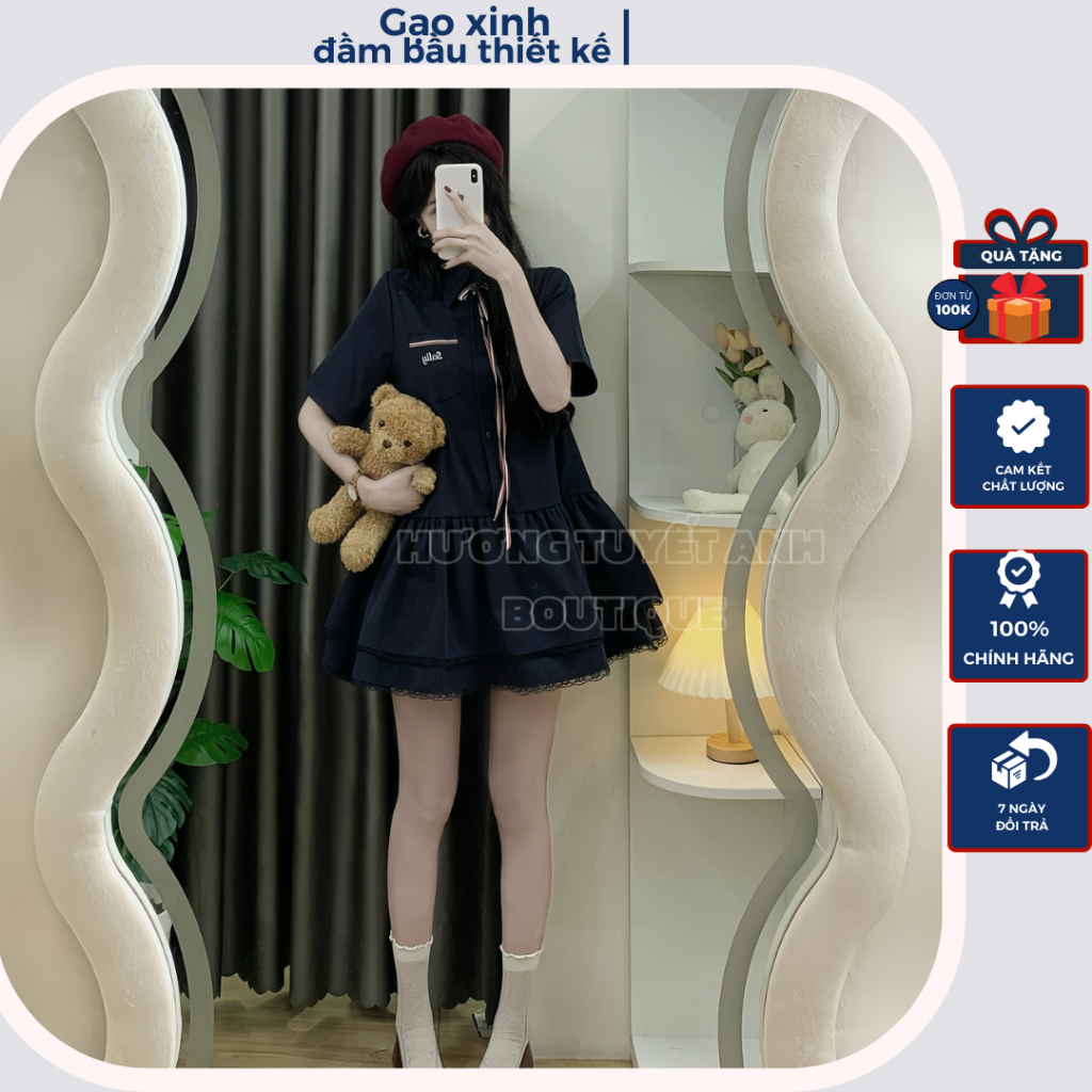 Đầm bầu babydoll xinh , váy bầu thiết kế mùa hè sơ mi dáng xòe 2 tầng chân ren mix nơ kèm quần bảo hộ