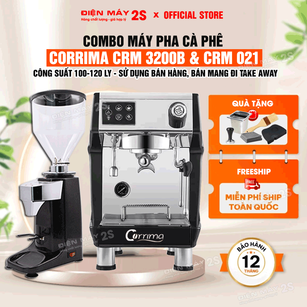 [HCM-Có VAT] Combo Máy Pha Cà Phê CORRIMA CRM 3200B Và Máy Xay Cà Phê Tự Động 021 - Công Suất 120-130 Ly - BH 01 Năm