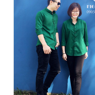 Áo  sơ  mi  xanh  lá  đậm cổ  trụ