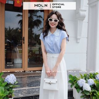 Áo sơ mi ngắn tay nữ MOON sang chảnh cổ sen thiết kế họa tiết trơn đính nơ chất liệu lụa giấy MA335