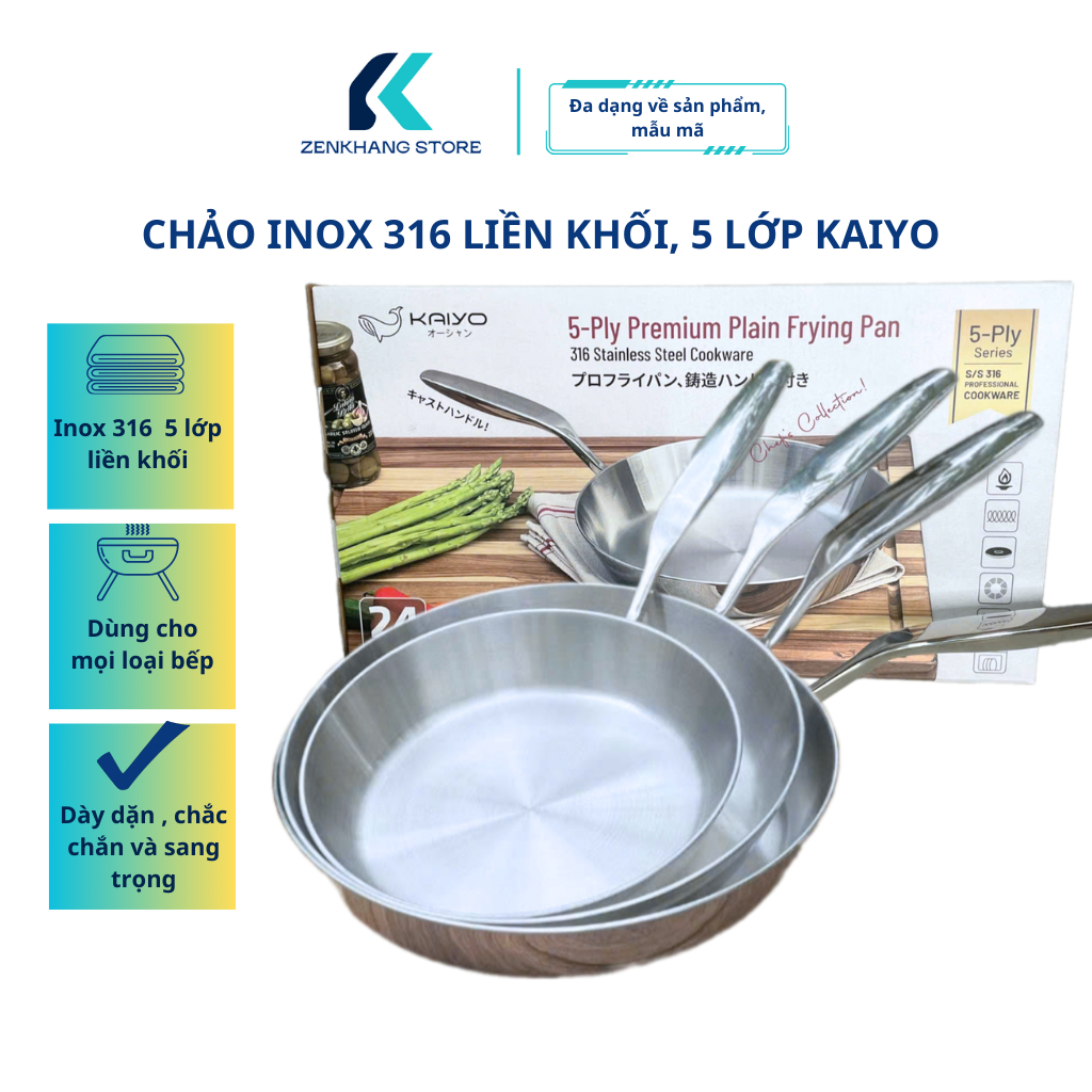 Chảo Inox, Chảo Inox 316 Nguyên Khối 5 Lớp 24cm/26cm KAIYO, Chảo Inox Chống Dính Tự Nhiên C03
