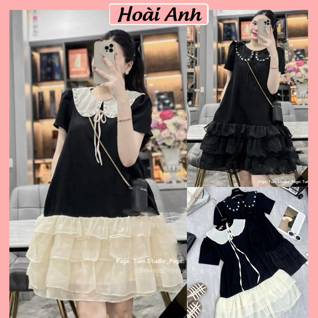 Váy Suông Nữ Cổ Sen Đính Viền Cúc Ngọc Đá Phối Gấu Voan Xếp Tầng Đầm Nữ Ngắn Tay Freesize From Xuông