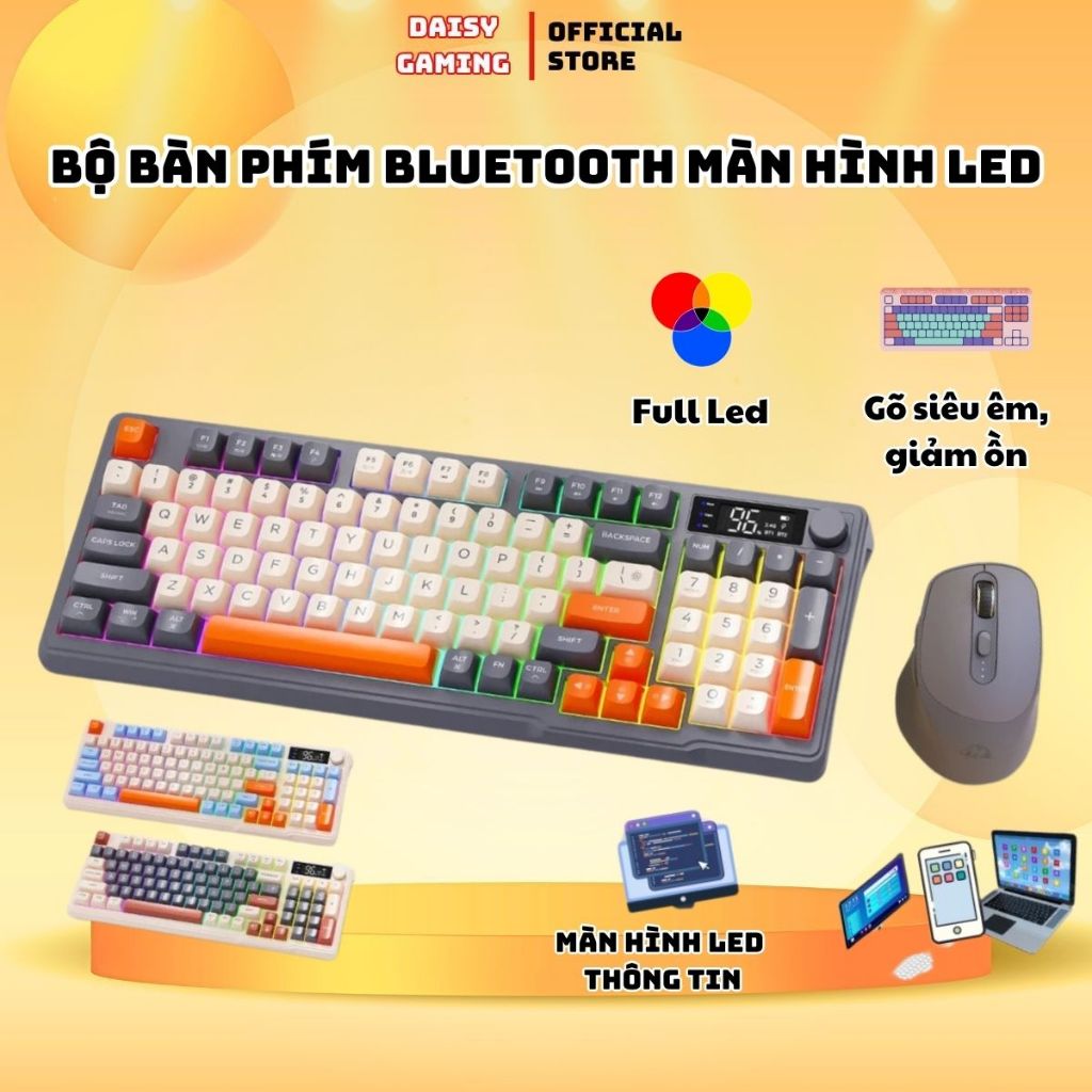 Bộ Bàn Phím Không Dây Bluetooth M96 LED 7 Màu Có Màn Hình, 2 Mode, Phím PBT Cao Cấp, Gõ Êm Chống Ồn 