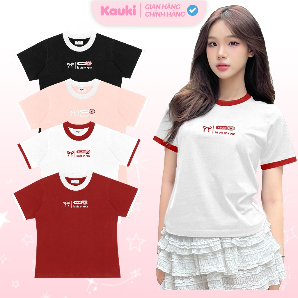 Áo thun baby tee phối 2 màu thêu lavie cao cấp cổ tròn dễ thương Kauki cotton 250gsm BBT41