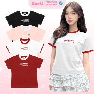 Áo thun baby tee phối 2 màu thêu lavie cao cấp cổ tròn dễ thương Kauki cotton 250gsm BBT41