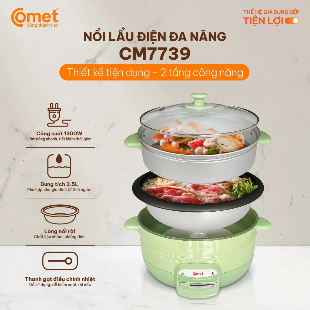 Nồi lẩu điện 3.5L kèm xửng hấp lòng nồi tráng chống dính màu xanh bơ COMET - CM7739