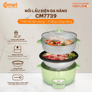 Nồi lẩu điện 3.5L kèm xửng hấp lòng nồi tráng chống dính màu xanh bơ COMET - CM7739