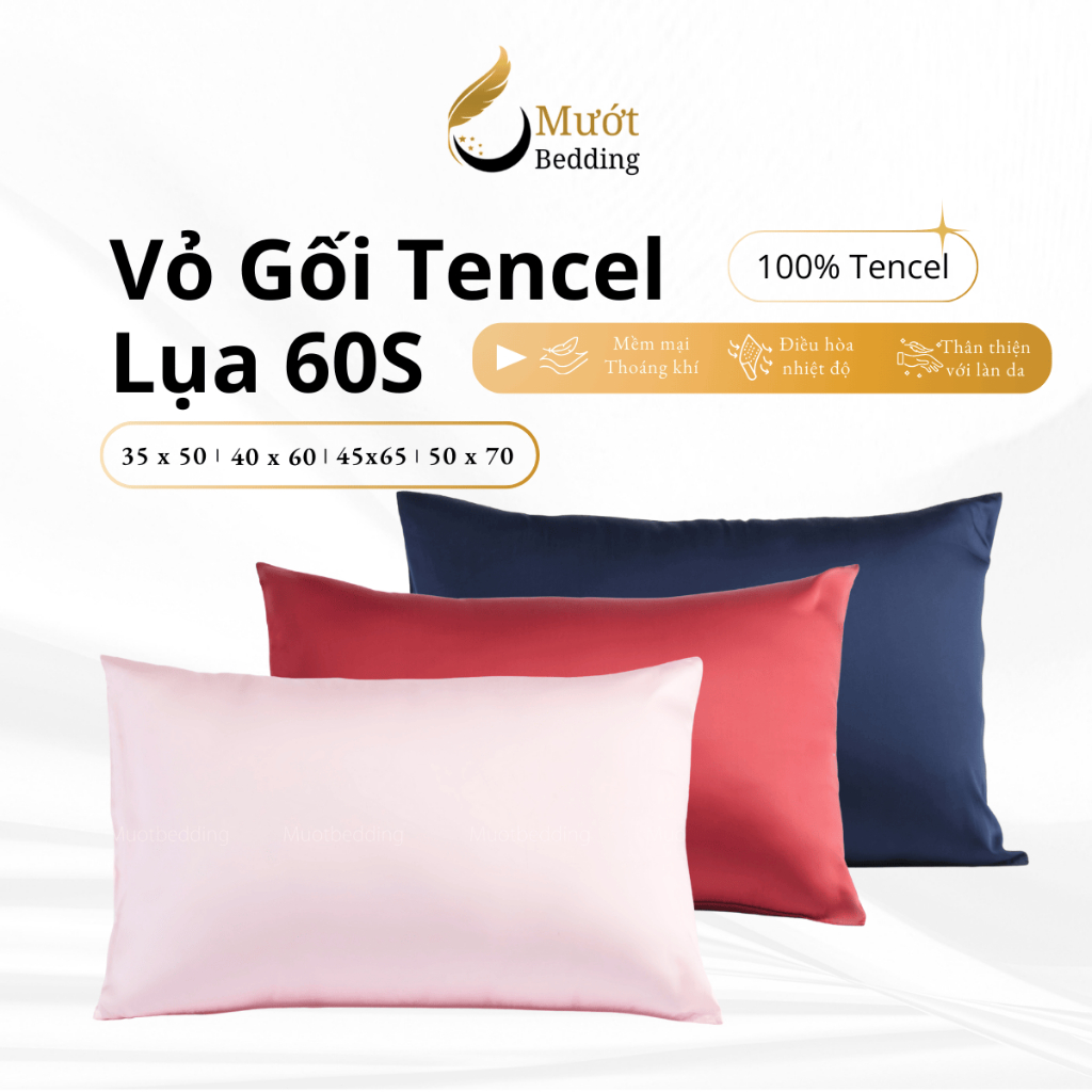Vỏ gối Lụa Tencel 60s trơn màu 50x70 45x65 40x60 35x50cm Mướt Bedding áo gối 100% Tencel đầy đủ size